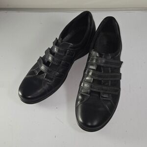 N0505‎ Ecco Black Leather Comfort Shoes Size 40 Three Strap Walking Casual